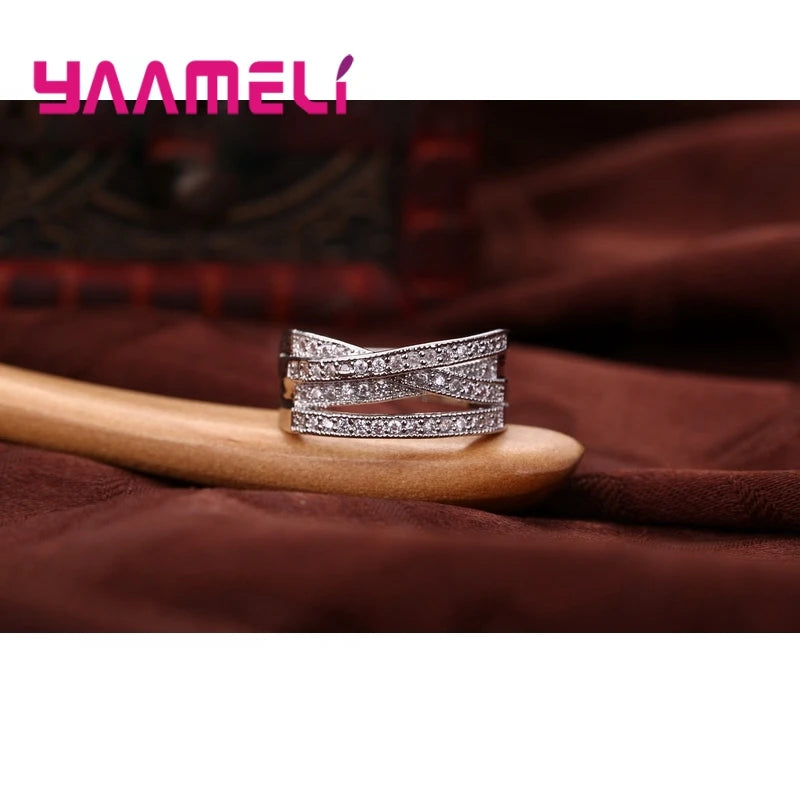 Fashion Women Men Rings 925 Sterling Silver Color Jewelry Crystal Inlay Overpass Cross Bague Bijoux Dropshipping 5-13