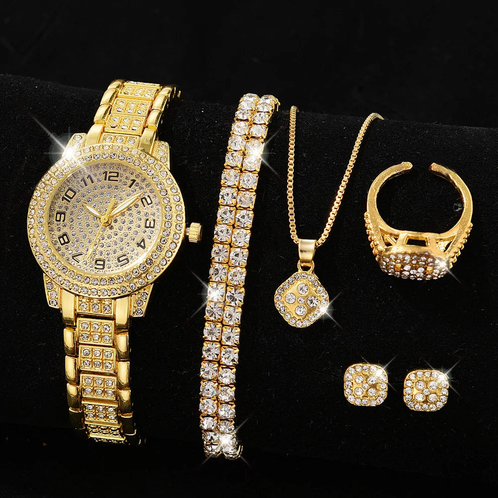 Full Diamond Roman Literal Steel Strip Watch with Starry Charm Business Quartz Watch Set