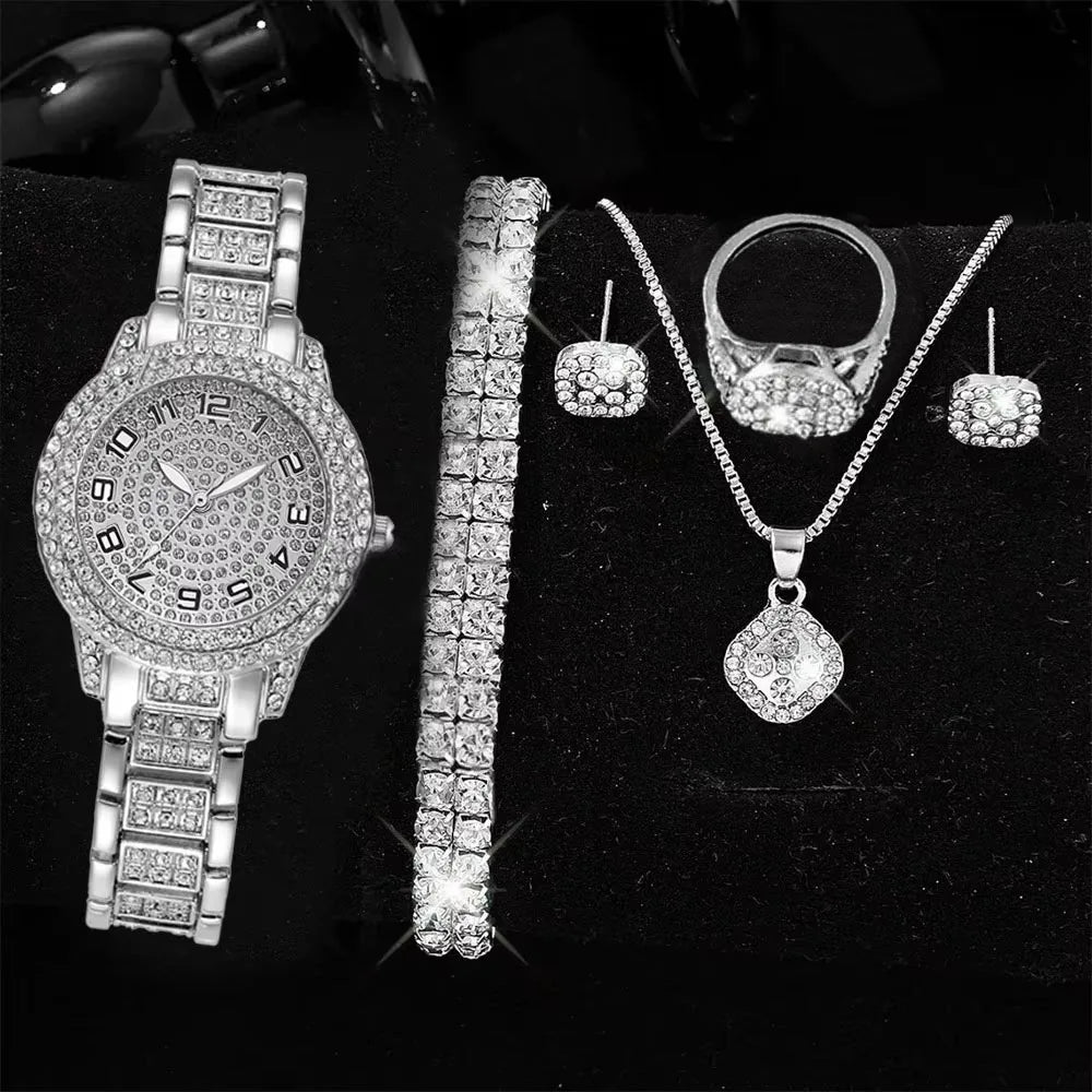 Full Diamond Roman Literal Steel Strip Watch with Starry Charm Business Quartz Watch Set