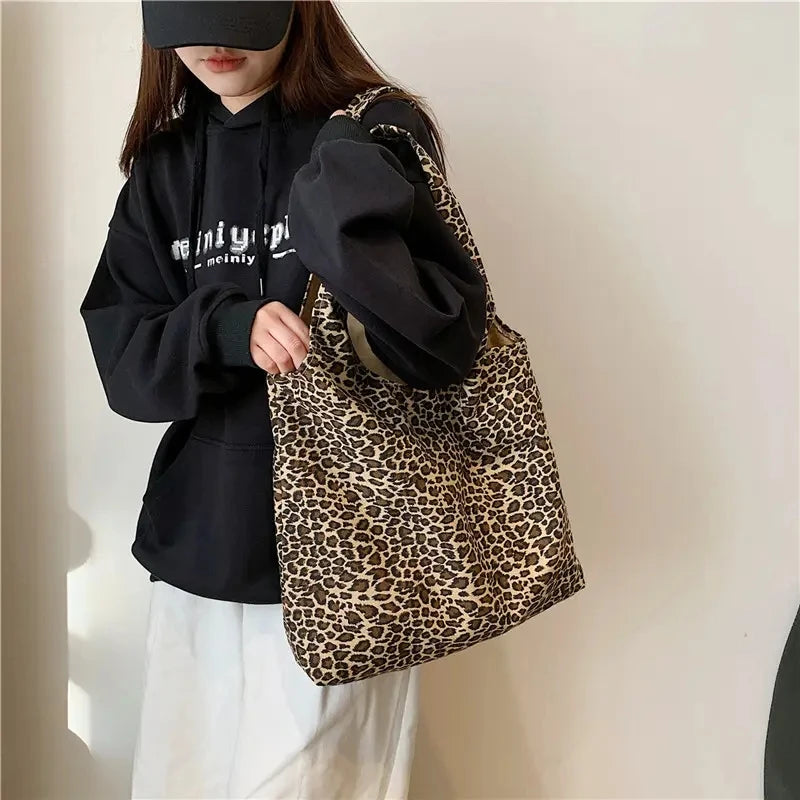 Large Capacity Leopard Print Hand Shopping Bag Women's Daily Folding Handbag